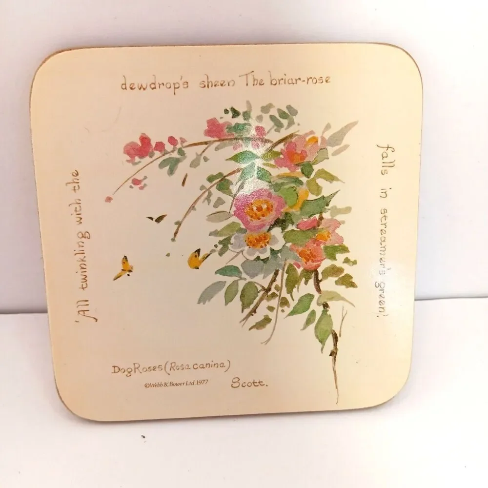 Vintage Richard Webb Coasters 1977 Cork Backed Cream with Flowers and Poems